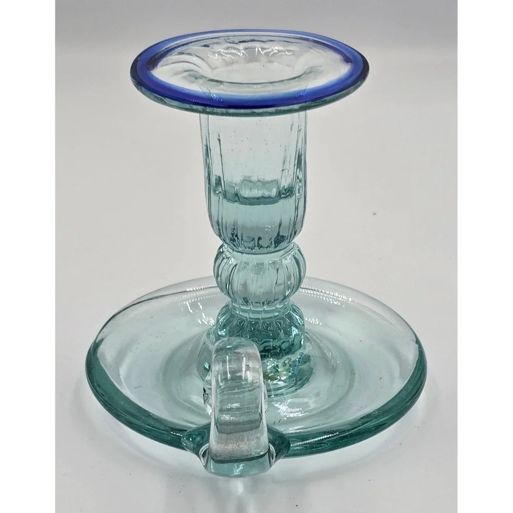 Vintage Rare Vetreria Etrusca Green Glass Chamberstick Taper Holder Blue Rim
